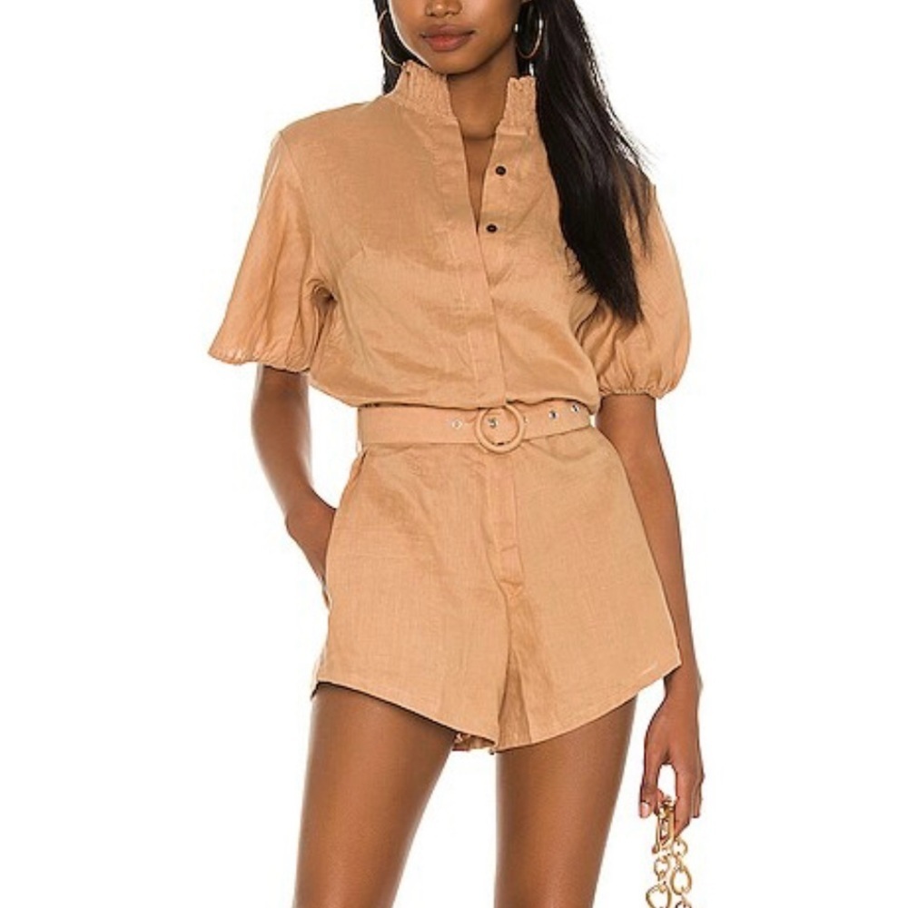 SWF Womens Belted Linen Romper Sz Medium Redemption Tan Short Sleeve Smock Neck